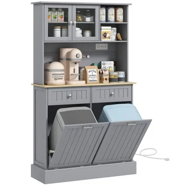 Bellemave  HOMCOM 68" Kitchen Pantry Storage Cabinet with Charging Station, 2 Tilt Out Trash Cabinets and Microwave Stand, Freestanding Kitchen Hutch with Glass Doors and Adjustable Shelf, White