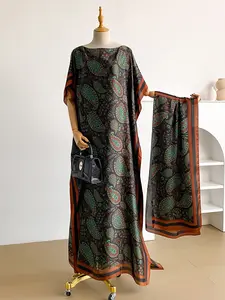 Women's Fashion Print Robe Set, Long Sleeve Shawl Dress + Scarf Headband, Casual Woven Fabric, All Seasons Beach Cover-Up, Beach Outdoor Wear, Swimwear Cover Up, Swimsuit Cover Ups, Swimwear Coverups