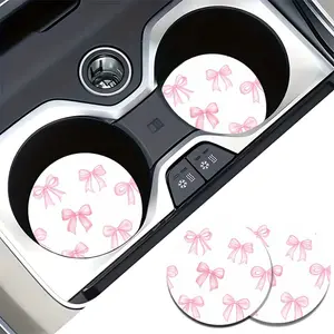 2 Pink Bow Pattern Coasters, Suitable for Car Cup Holders, Absorbent and Non-Slip Car Interior Accessories, Car Accessory, Auto Interior Decor, Cup Holder Inserts, Car Accessories Women