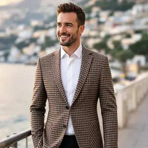 Men's Houndstooth Single Breasted Blazer | Coffee & Blue Gray | Casual Business Jacket