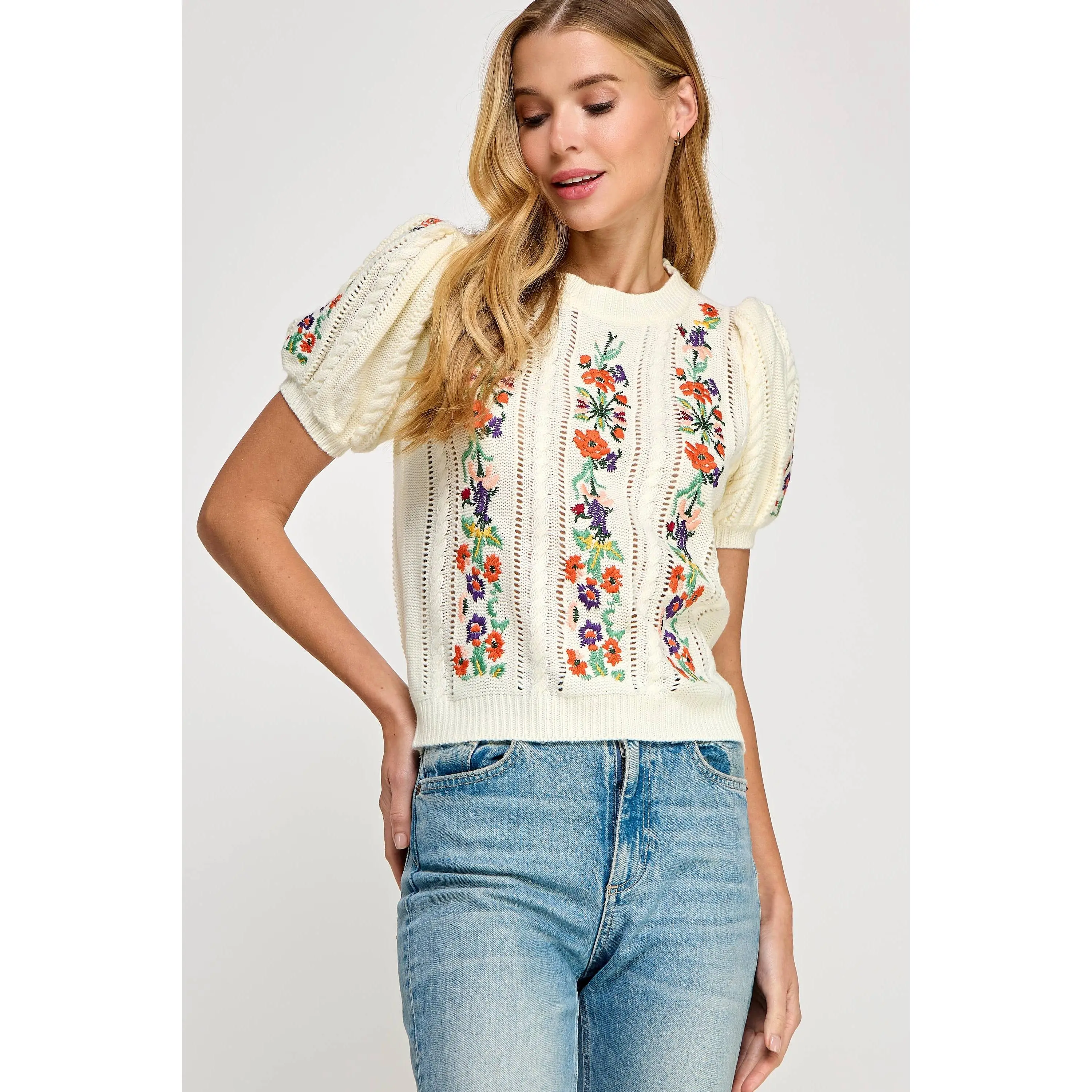 Women's Short-Sleeve Lacy Floral Embroidery Ribbed Pointelle Knit Pullover Sweater - Decorated, Embroidered Design, Floral Knit, Stylish, Semi-Fitted Comfortable Casual Everyday Top, Decorated Women's Pullovers, Embroidered Design Women's Pullovers