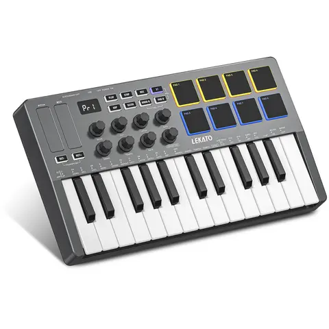 LEKATO SMK-25 Bluetooth 25 Key USB MIDI Keyboard Controller With 8 Backlit Drum Pads, Semi Weighted Dynamic Keybed 8 Knobs and Music Production, Smart Scales, Chords, Software Included, for Beginners, Music Lovers Girls Boys Friends Gift