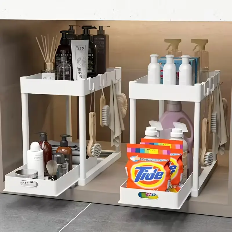 2pcs Sturdy Under Sink Racks - 2-Tier Sliding Metal Pipe Cabinet Baskets with 8 Hooks, 15in x 8in x 12.8in, 50 lbs Stable Capacity, Durable Home Supplies, Anti-Tipping/Deformation, Easy Detergent Access for Kitchen, Bathroom