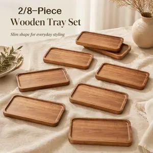 2/8pcs Acacia Wood Tray Set, Rectangular Food Plate, Cheese Platter, Appetizer Dish, Snack Tray, Kitchen Serving Tray, Dessert and Cake Holder