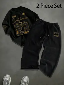 Tikmen Number 23 Printed T-Shirt and Wide Leg Pants Set, Summer Short Sleeve Tee and Casual Trousers, Cool Streetwear for Skateboarding and Daily Outings