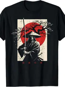 Japanese Samurai Katana Red Sun and Ukiyo-e T-Shirt - Vintage Japanese Weaponry and Iconic Art Print, Soft Breathable Round Neck Tee for Men And, Casual Wear or Costume for All-Season