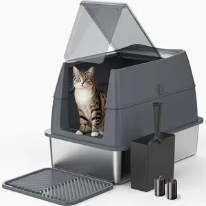 Enclosed Stainless Steel Cat Litter Box with Lid, Flip-Top High-Side Metal Cat Litter Box, Set with Scoop, Suitable for Large Cats, Non-Stick, Leak-Proof, Easy to Clean, Transparent Gray