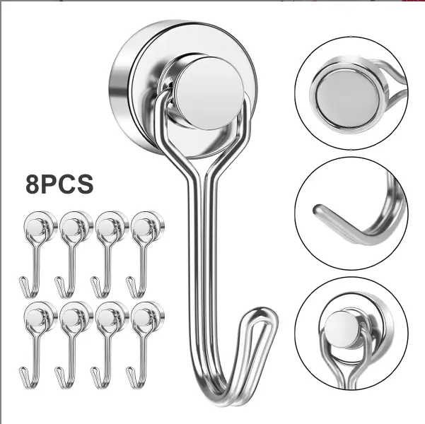 8-Pack Durable Metal Neodymium Magnetic Hooks, 30LB Strong, 360° Rotating Swivel Design, Smooth Movement, for Kitchen, Garage, Office Storage, Refrigerators, Lockers (Tools & Hardware Fasteners)