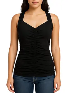 Women’s Black Ruched Tank Top – Sleeveless Stretch Fitted Camisole with V-Neck and Wide Straps for Casual, Work, or Night Out