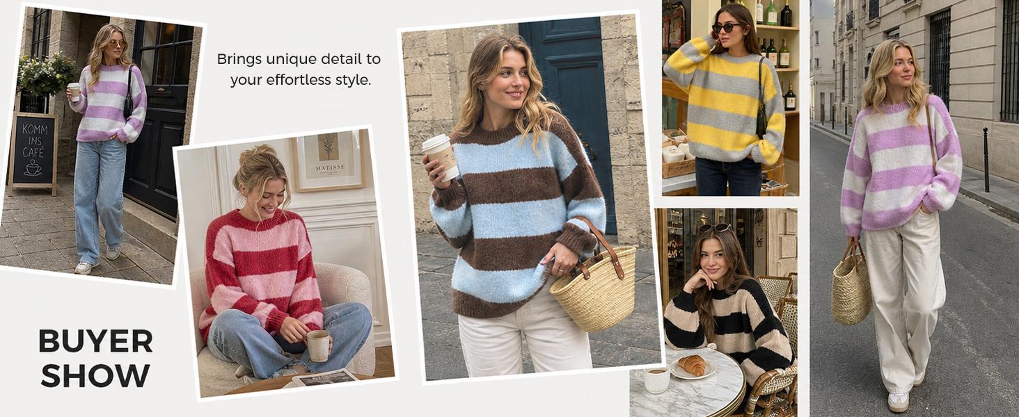 Fisoew Retro Color Block Stripe Sweater, Crew Neck Oversized Balloon Long Sleeve Loose Casual Pullover Top Matching Jeans Pants Fall Winter Casual Layering Top