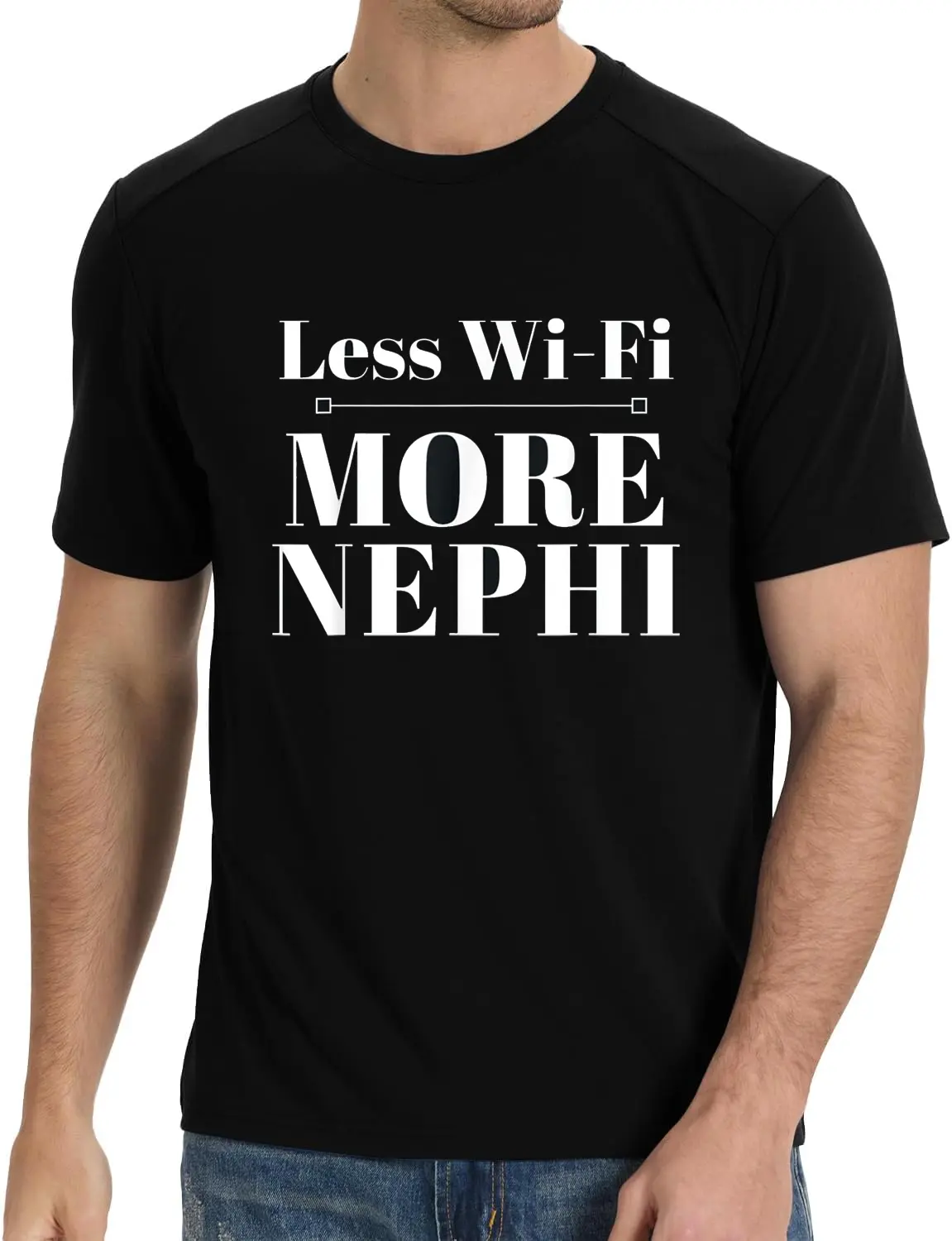 Women's 100% Cotton Short-Sleeve Distressed Graphic Round Neck T-Shirt - LDS Mormon Missionary Top with Humorous "Less WiFi More Nephi" Quote, Streetwear, Playful Vibe, Vintage Everyday Wear