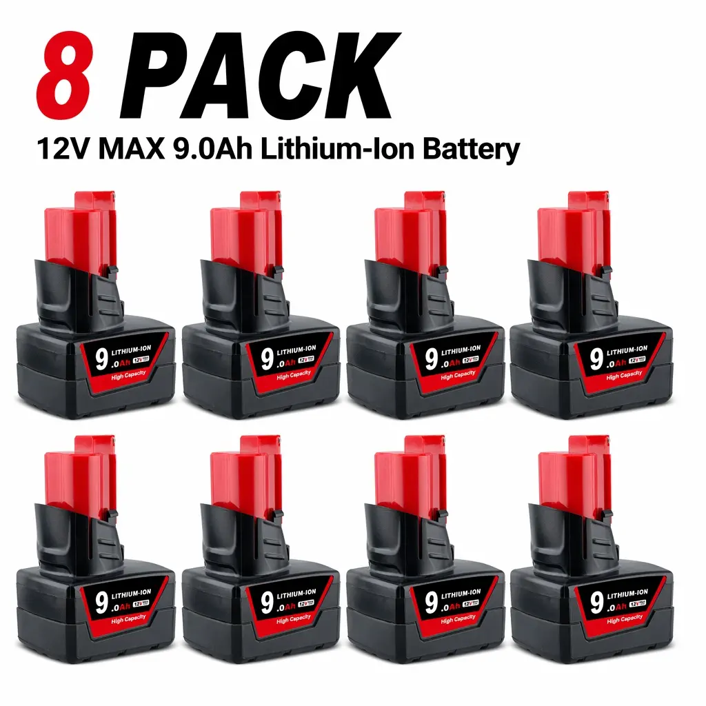 8-pack 12V MAX 9.0Ah 9000mAh Lithium-Ion Replacement Battery Compatible with Milwaukee M12 Tools, Rechargeable Battery Pack for Cordless Power Tools