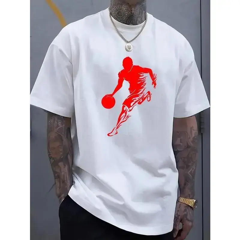 Men's Summer Crew Neck T-Shirt Loose Short Sleeve Retro Casual Print - Basketball Silhouette Graphic Tee, Large Size Available