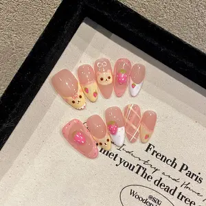 Press On Nails, Strawberry Bear Nails, Almond Nails, Summer Temperament Nails