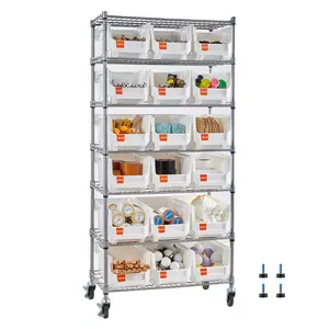 【Summervibes】VEVOR 7-Tier Rolling Bin Storage Rack, 18 Organizer Bins, Bin Rack Storage Steel Wire Shelving System with Wheels, Mobile Tool Organizer for Garage, Warehouse, Office, Restaurant, Classroom, Kitchen