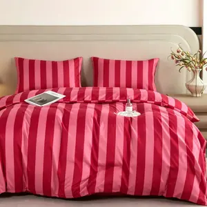 3-piece rose red striped bedding duvet cover set, including 1 duvet cover and 2 pillowcases. No inner fillers included, Decorative bedding set