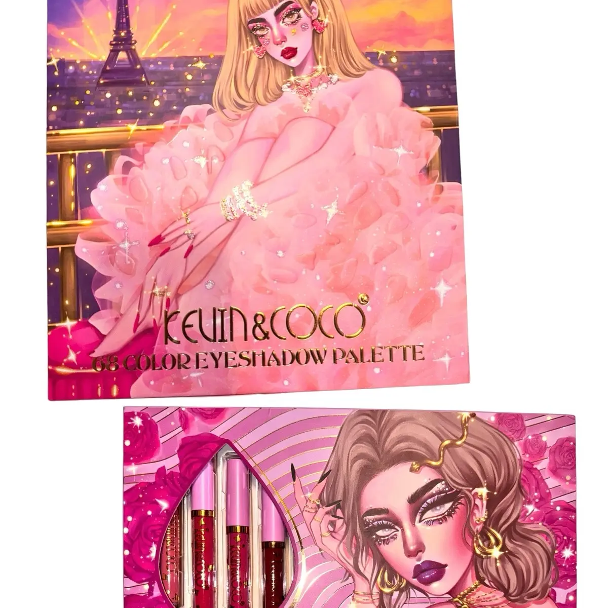 MAKE-UP Bundle!!! Kevin and Coco Girl in France 68 Color beauty Palette AND Kevin and Coco 12pc Matte Kiss-Proof-Pinks- Liquid Lipstick Set!