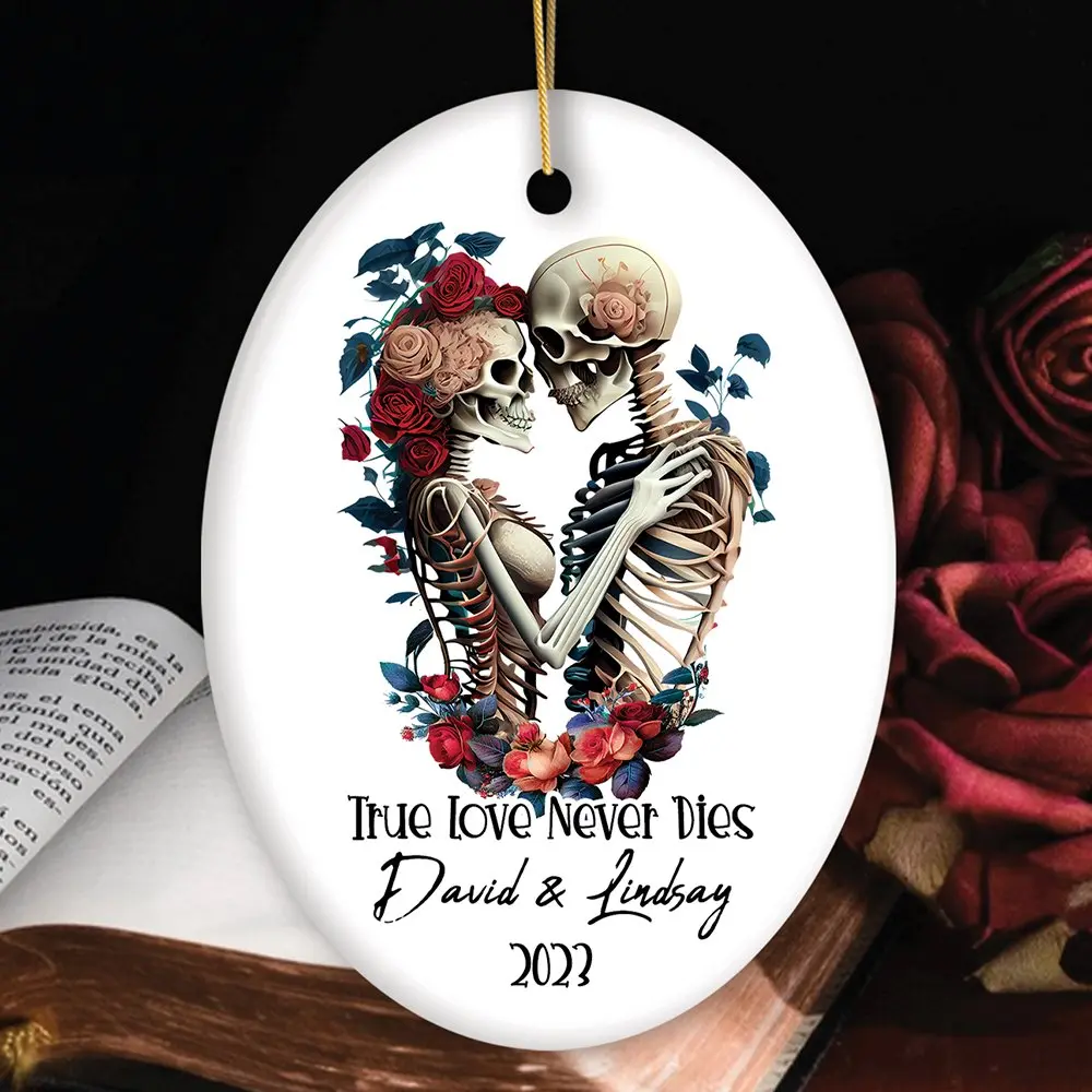 True Love Never Dies Personalized Skeleton Lovers Ornament, Romantic Goth Emo Gift for Girlfriend and Boyfriend