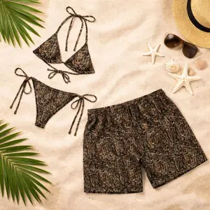 Matching Camouflage Couple Swimwear Set, Women Tie Side Bikini and Swim Bra, Men Beach Shorts, Summer Vacation Outfit, Hunting Style Gift