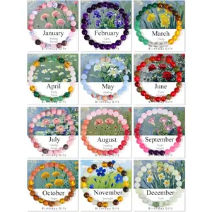 12Pcs Birthstone Crystal Floral Bracelets for Women Men Colorful Natural Stone Beads Bracelets Anxiety Relief Zodiac Month Beaded Bracelets for Birthday Gifts