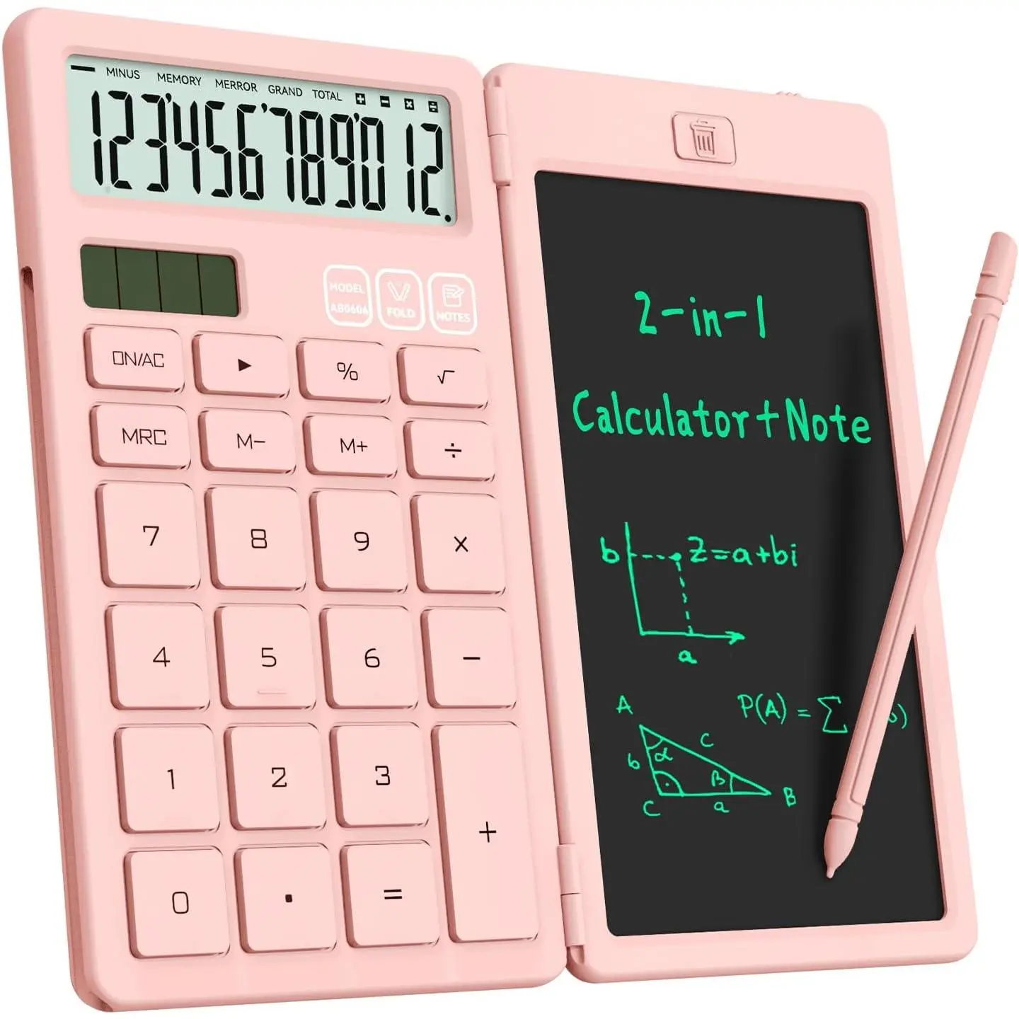 Pink Cute Desk Calculator with Erasable LCD Notepad, Big Buttons, Solar & Battery Dual Power, Basic Accounting Office Stationery for Middle School Girls, Home & Pocket Essential Supplies