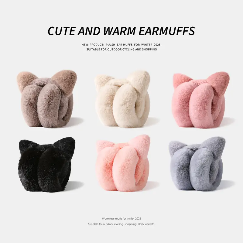 Women's Polyester Cute Cat Ear Earmuffs - Fluffy Foldable Winter Ear Cover, Warmth-Focused Fashion Accessory with One Size Fit for Engagement, Anniversary Daily Wear