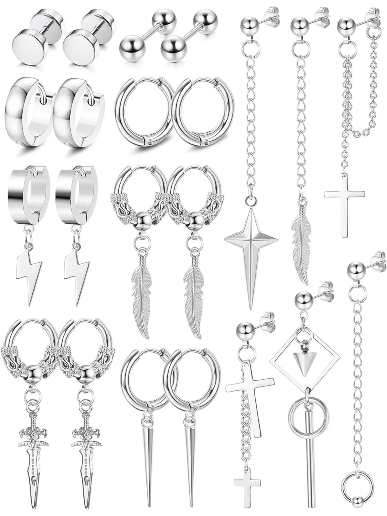 Men's Stainless Steel Hinged Hoop Earrings, 22-Piece Dropped Hoop Dangle & Long Chain Design, Casual All-Season Jewelry for Stylish Looks, Chain Dangles, Hoop Earring Sets, Stainless Steel Hoops