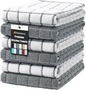 Homaxy Premium Cotton Kitchen Towels 16"x 28" Large Natural Ring Spun 390 GSM Dish Towels Super Absorbent Terry Kitchen Hand Towels Soft Tea Towel with Hanging Loop Grey Check Design 6 Pack