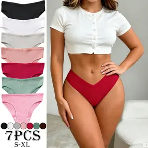 Women's Basic Minimalist Pack of 7 Pure Cotton Panties, Elastic Waistband, Butt-Lifting Triangle Style, Skin-Friendly, Breathable, Soft, Smooth, Glossy Heart Knit Ribbed Fabric, Fit for Everyday Wear & Dates, Womenswear Aesthetics