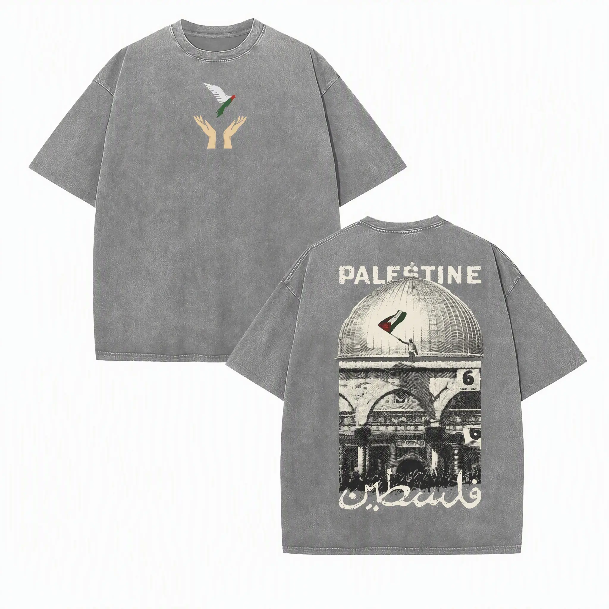 Men's Palestine Freedom Vintage Oversized Fitted Round Neck Heavy Cotton Tee - Double-Sided Washed, Hope Graphic, Figure Print, Solidarity Retro Streetwear, Limited Drop, Distressed Casual, Festive Father's Day Gift, Sports Top, Unisex, Graphic Tee