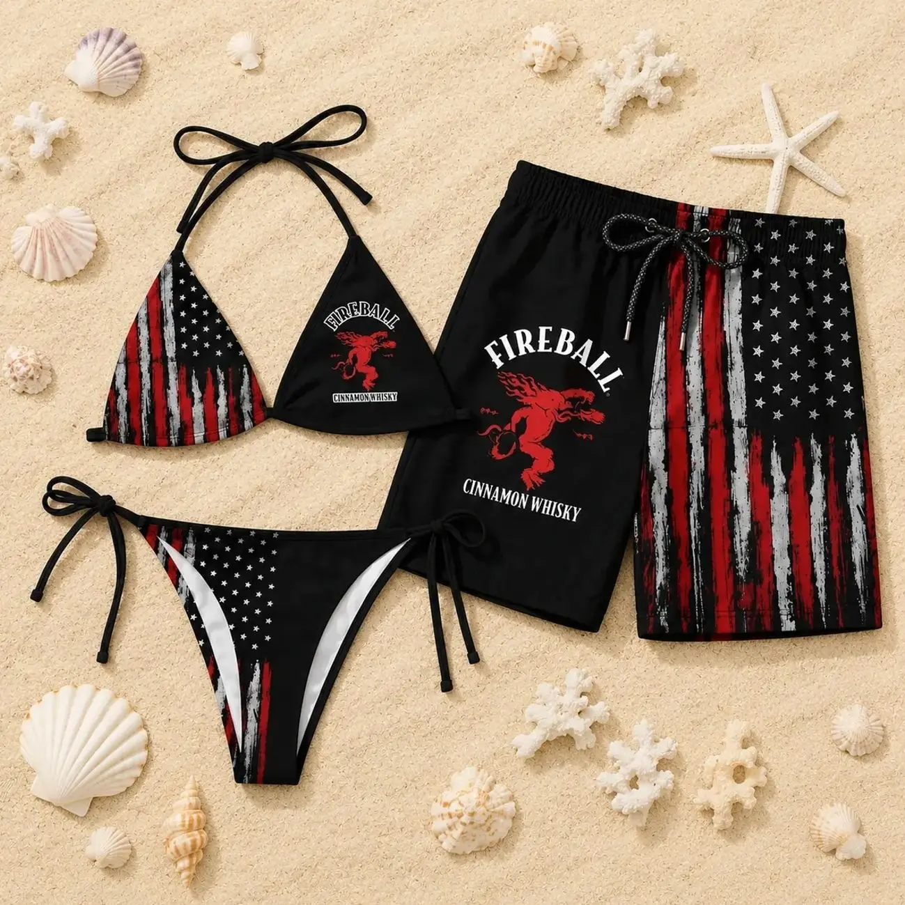 Fireball American Flag Couple Swimwear – Matching Bikini & Men’s Swim Shorts, Patriotic His & Hers 4th of July Beach Vacation Swimsuits MNT