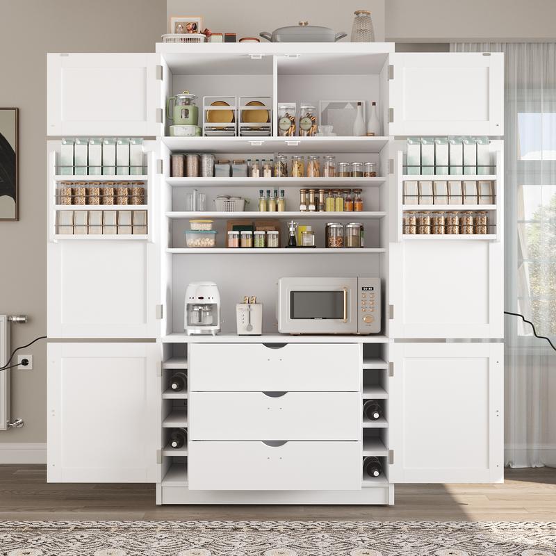 80" Tall Kitchen Pantry Cabinet with 2 Power Outlets, 41" W Modern Large Freestanding Cupboard with Microwave Stand, Drawers, Adjustable Shelves, Wine Racks & Door-Shelf for Dinner Room, White