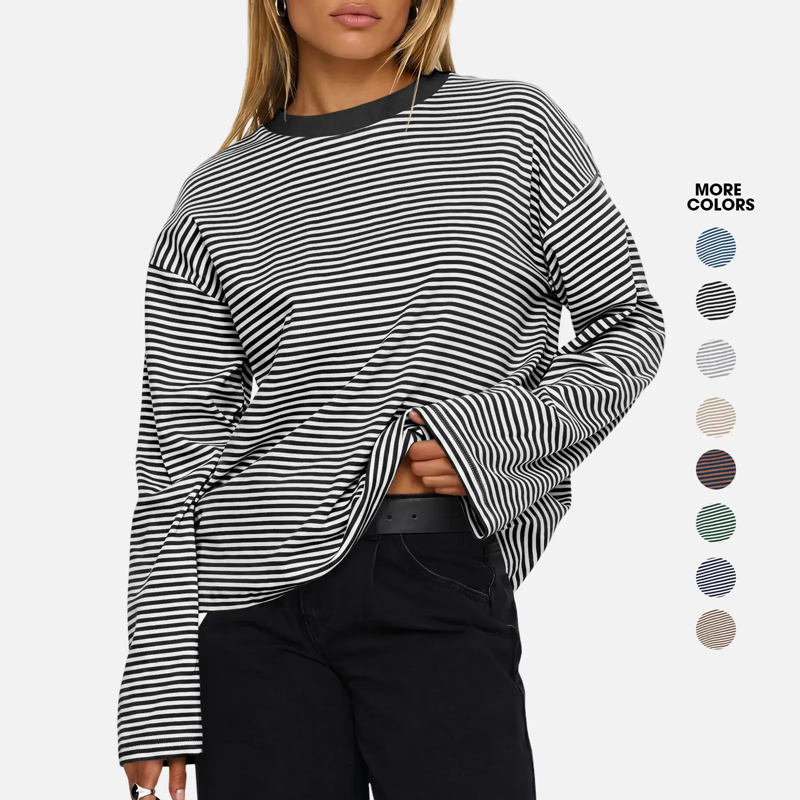 Flowyair Womens Oversized Striped Long Sleeve Shirts Casual Trendy Crew Neck Cotton Tops Drop Shoulder Loose Fit T Shirts