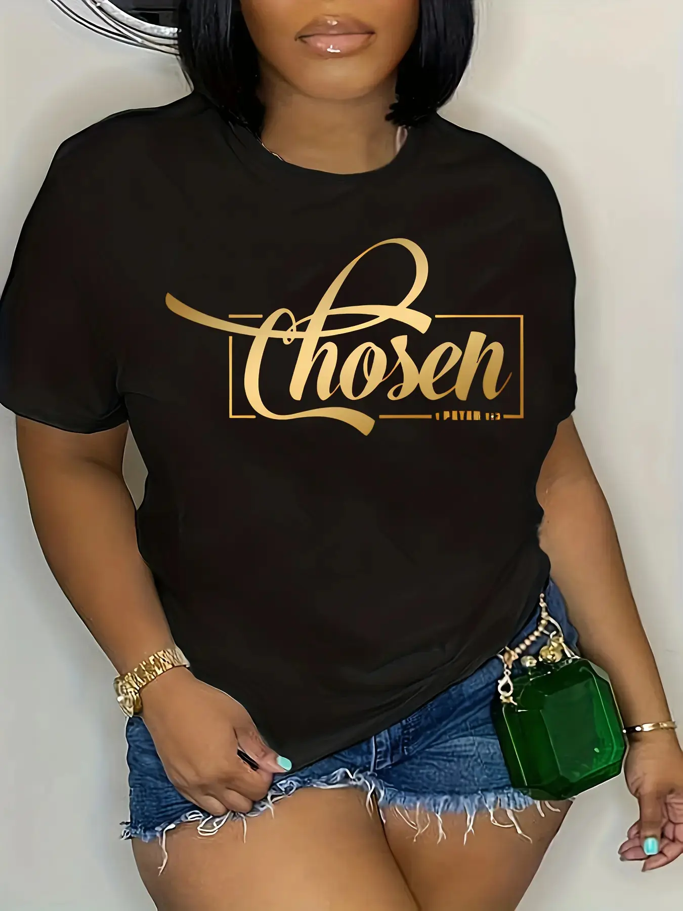 Women's Oversized "Chosen" Graphic Short-Sleeve T-Shirt - Vintage Streetwear, Round Neck, Super Soft Wash Ribbed Cotton, Boxy Loose-Fitting Casual Top, Breathable Everyday Wear