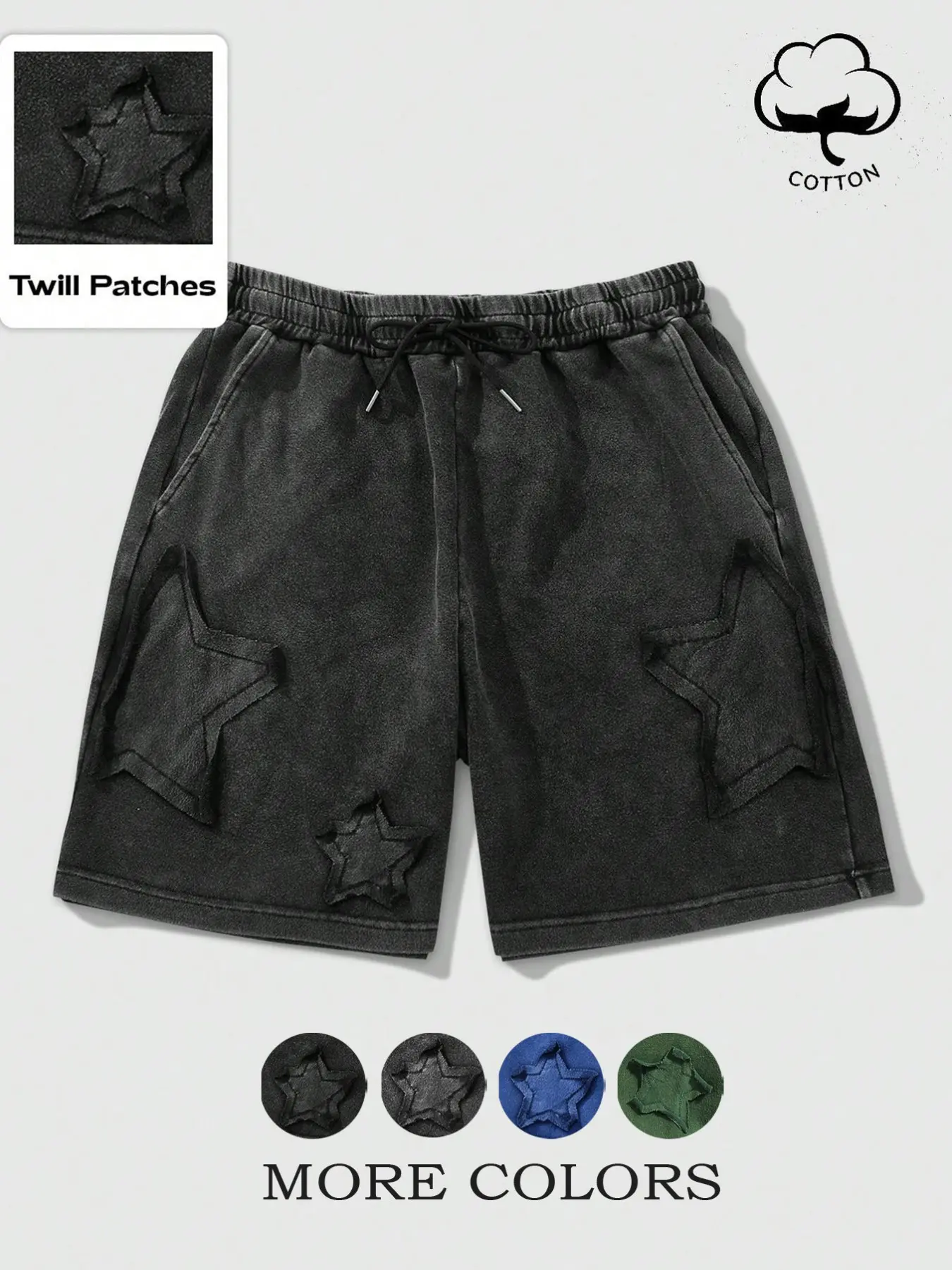 Unisex design, summer street style casual and loose, cotton-blended, star-print denim patchwork straight-leg shorts, Bottom, Streetwear, Y2K Harajuku fashion, versatile for daily casual, home or outdoor, ideal for campus life