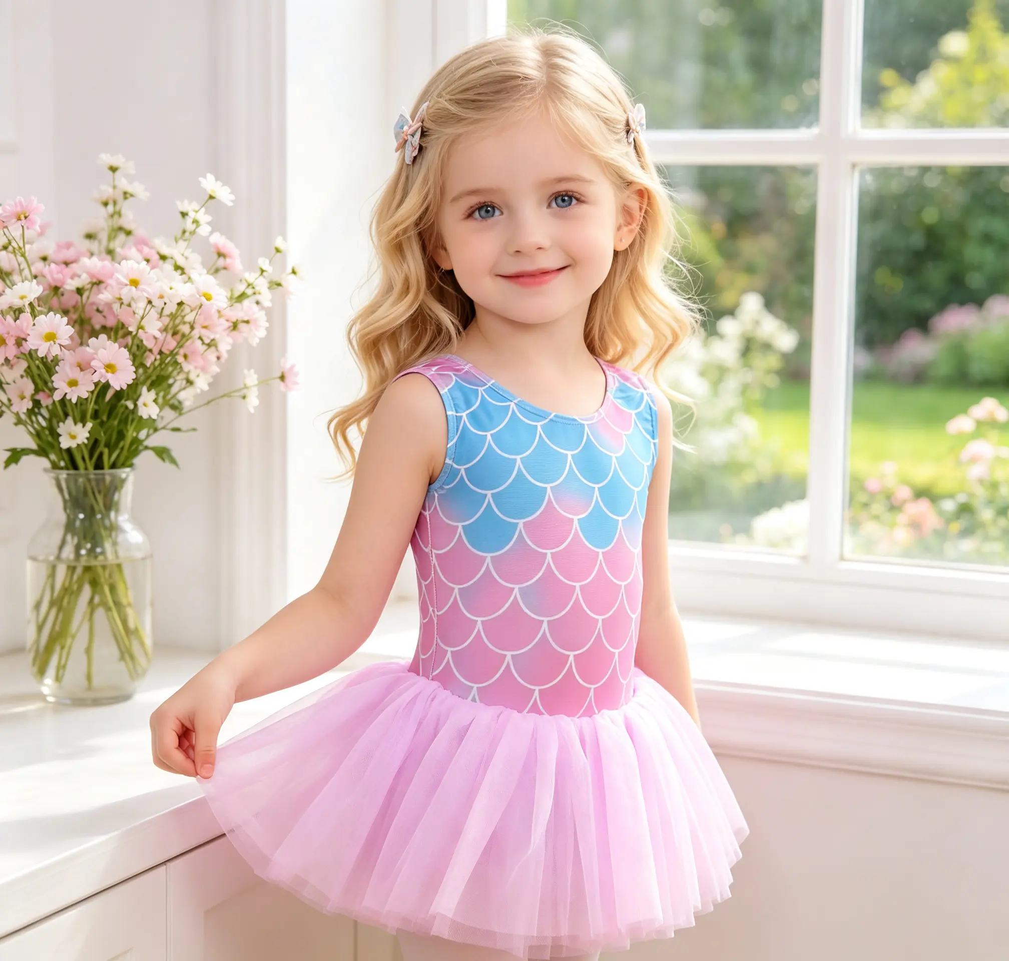 Girls Mermaid Scale Sleeveless Ballet Leotard Tutu Dress | Pink Tulle Dancewear for Toddler Recital