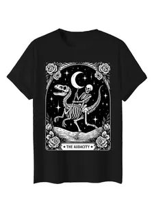 The Audacity Skeleton Riding Dinosaur Tarot Graphic Skull Fitted Long T-Shirt | Gothic Dark Occult Casual Tee | Black Edgy Mystical Style Top for Gothic Enthusiasts