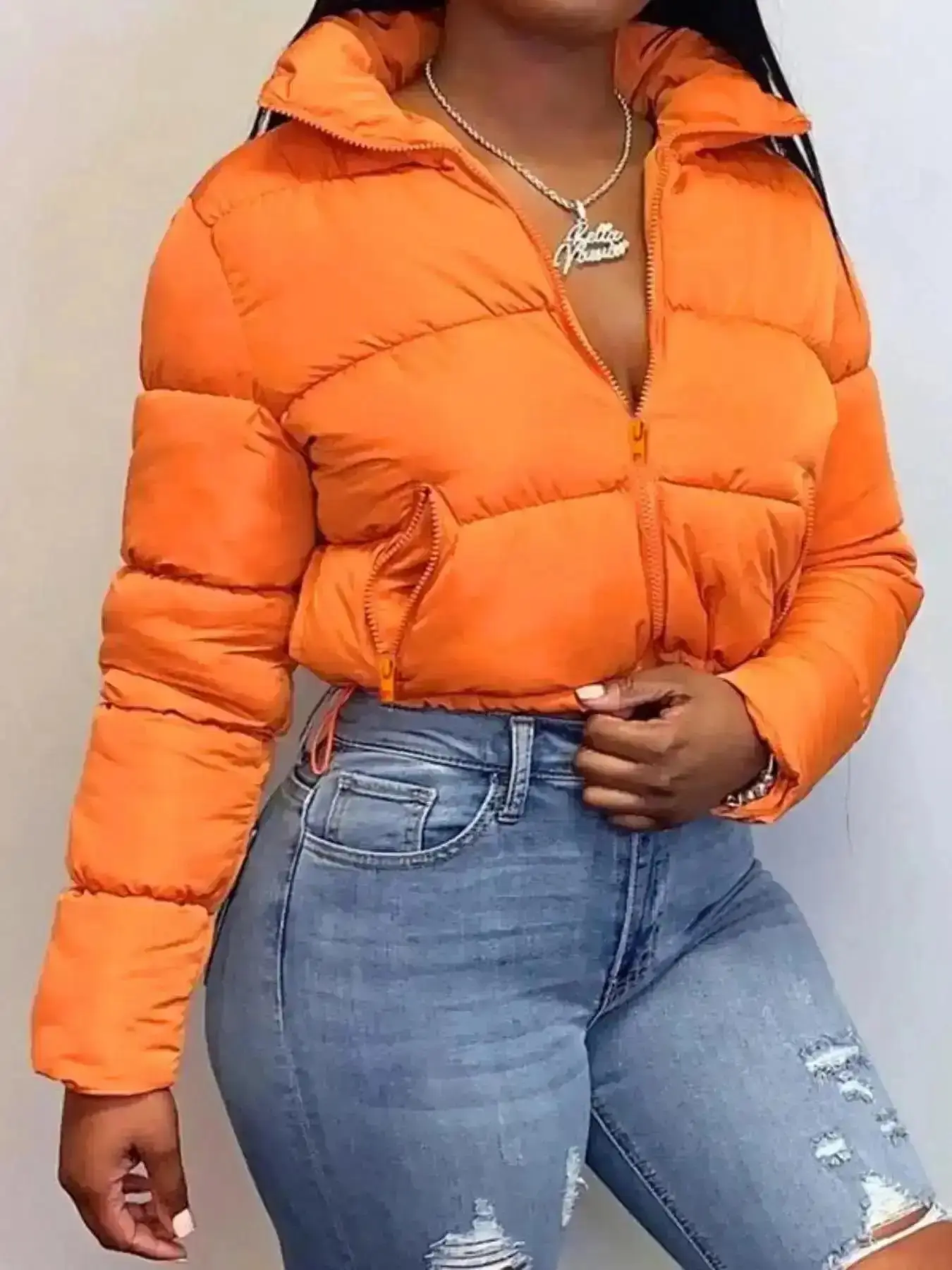 Women's Plain Pocket Full Cropped Winter Coat Jackets, Warm Comfy Long Sleeve Zipper Puffer Coat Outerwear for Fall & Winter, for Daily Streetwear Casual, Winter Clothes Women, Please Purchase A Size Up Ladies, Trendy