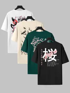 Men's Floral Letter Print T-Shirt Set of 4, Round Neck Short Sleeve Casual Comfortable Top, Summer Outdoor Wear