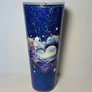 Heart / Waves - Snowglobe 24 oz acrylic tumbler suspended flow blue shift glitter -  Drinkware