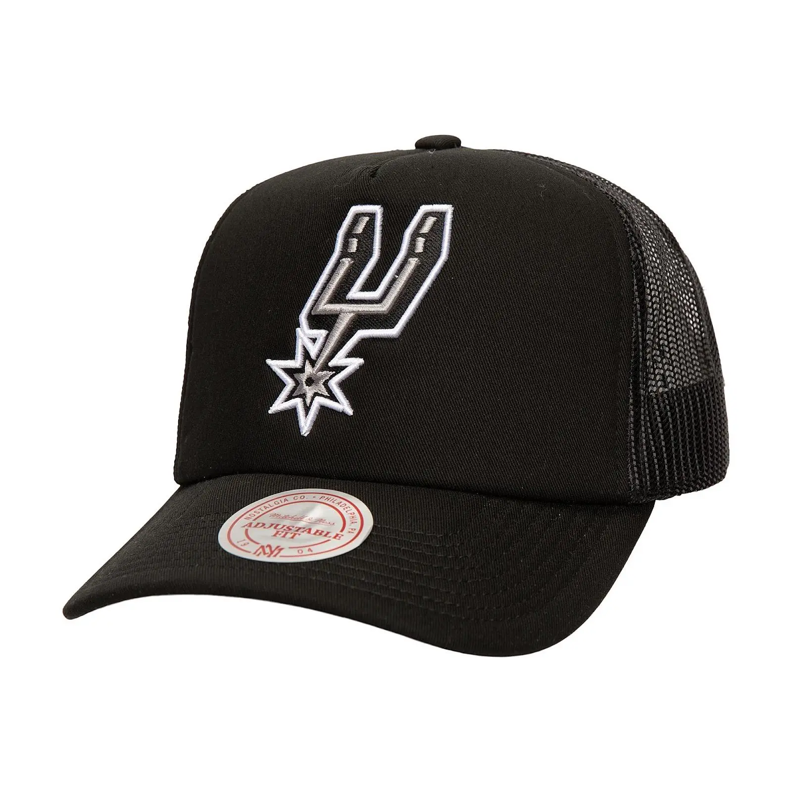 Mitchell & Ness Black San Antonio Spurs Core Evergreen Trucker Hat - NBA Throwback Unisex Fan Gear, Acrylic Fabric, Embroidered Graphic Logo, Adjustable Closure, One Size, Structured Crown, Casual Use, Hand Wash Only Hats