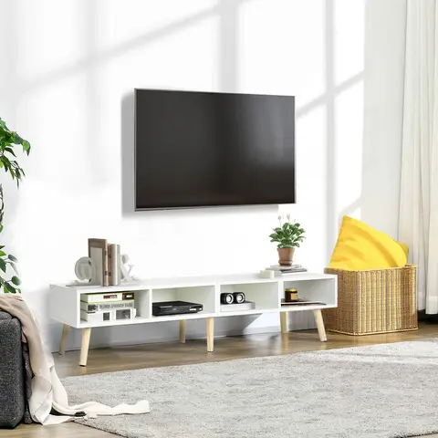 VOWNER Modern TV Stand for Living Room, 32-65 Inch TV Cabinet with 4 Open Compartments, Media Holes & 6 Solid Wood Legs, 150×31×35 cm Indoor Furniture Entertainment Center Media Console, Tv Stand Living Room
