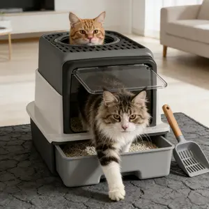 Litter Box with Transparent Lid and Easy-Clean Design for Cats,Cat litter box  Litter Box with Lid,Front Entry Top Exit Kitty LitterBox,Extra Large Enclosed Cat Box with Litter Scoop