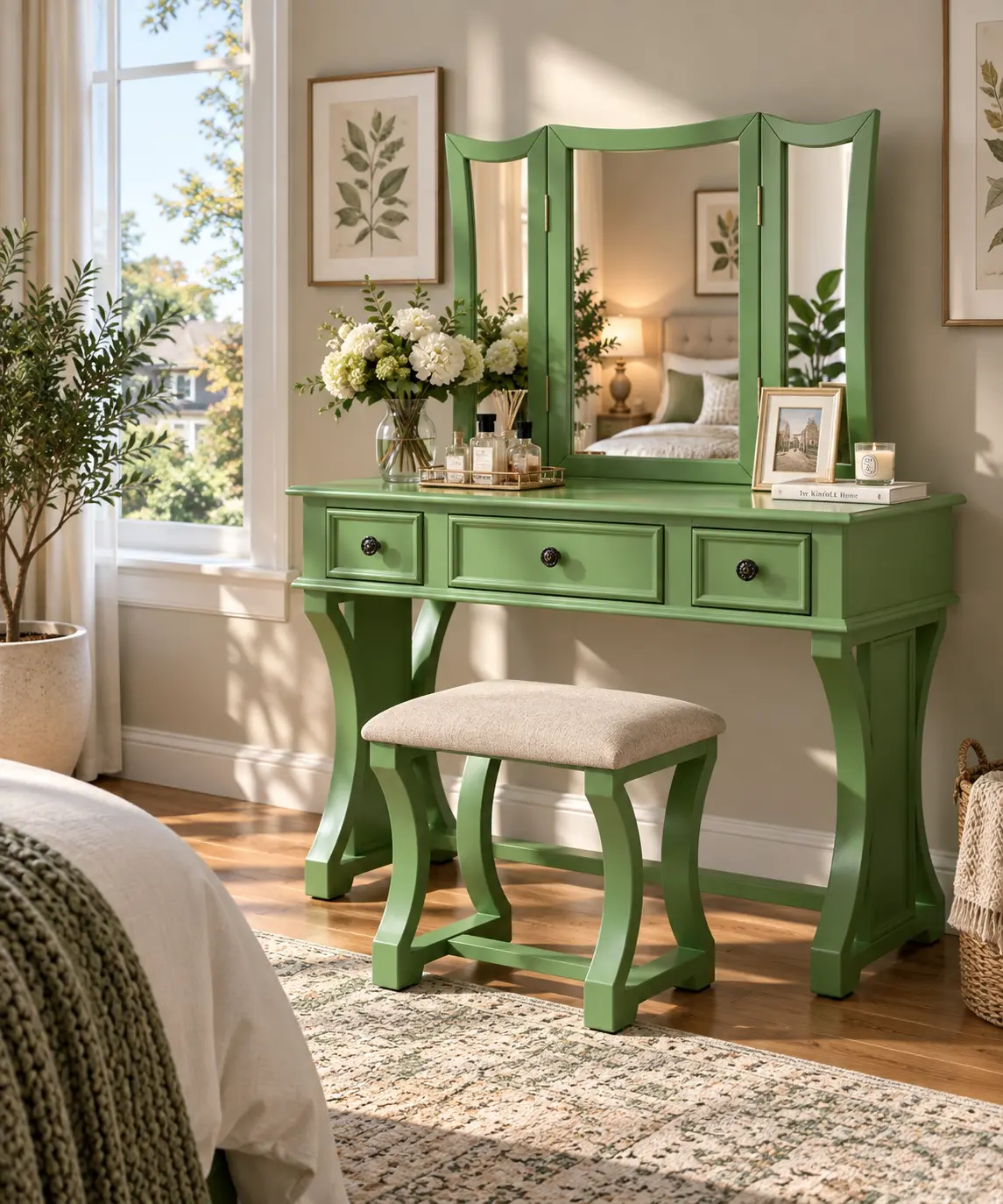 SAVEYOUR Apple Green Modern Bedroom Dressing Table Vanity Set with Stool, Foldable Mirror, Storage Drawers, and MDF Veneer 1-Piece Furniture
