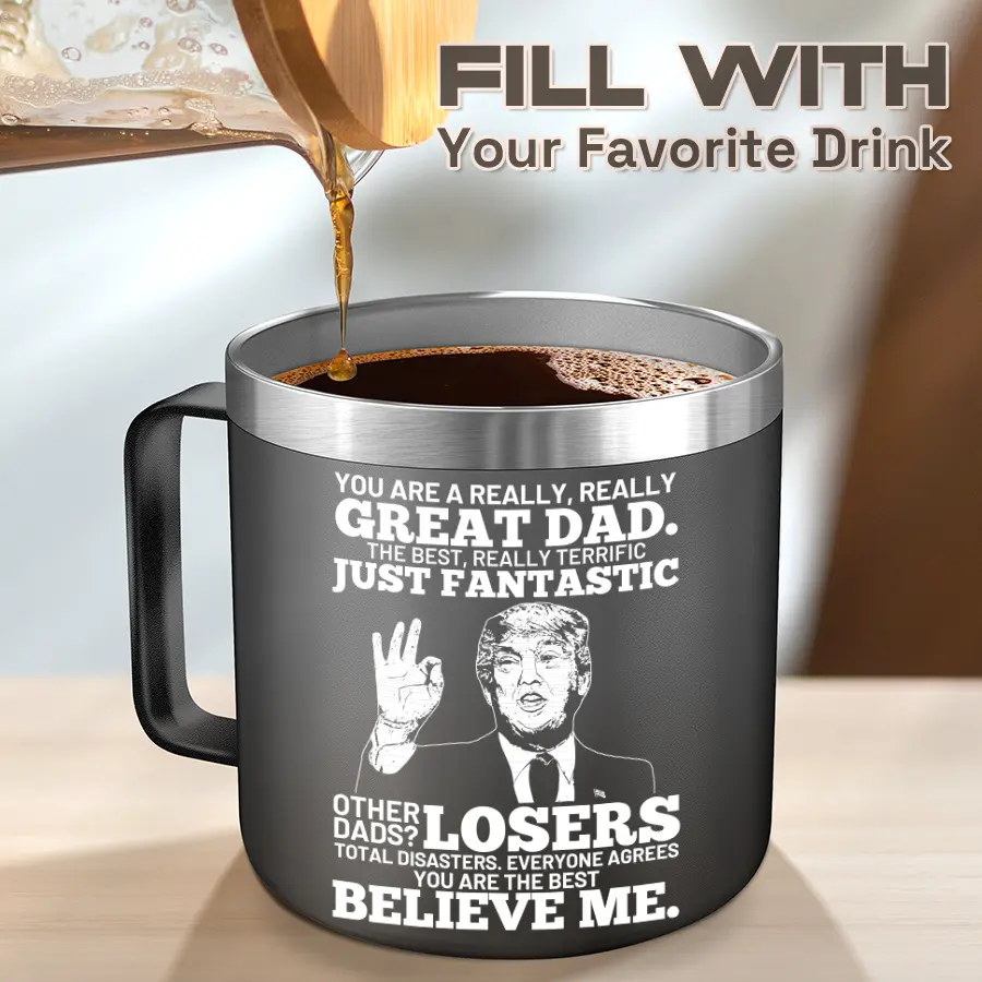14 oz Black Mug Cup - Christmas Gifts for Dad from Wife & Kids, Father's Day/Birthday Present for Men, Cool Gift for Step Dad, Bonus Dad, Godfather, Unique Dad Gifts from Daughter & Son | Insulated Stainless Steel Party Mug | BPA-Free