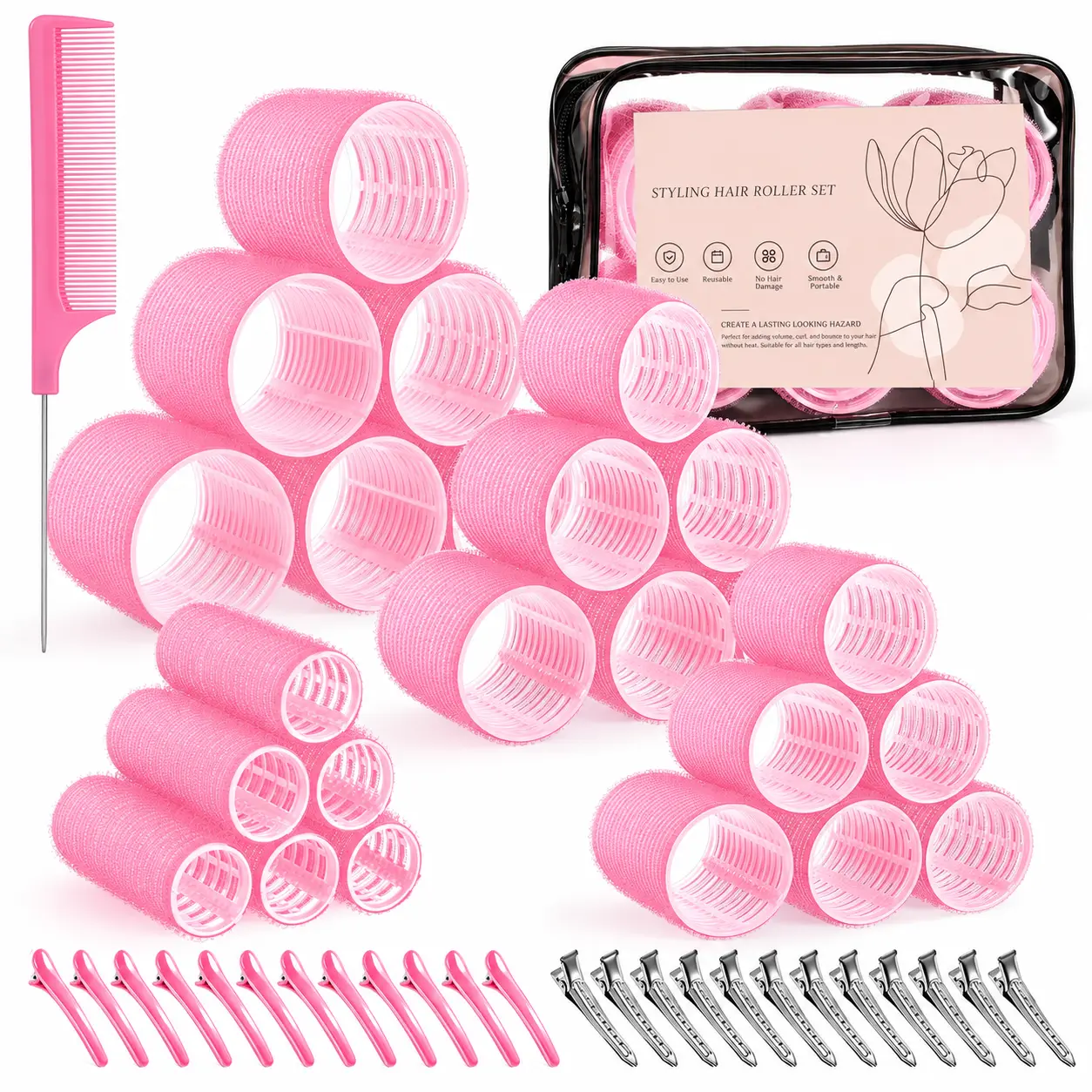 4 Sizes Self-Grip Hair Rollers Set for Long, Short Hair and Bangs - 50 Pcs with Clips (25mm, 36mm, 48mm, 60mm), Pink