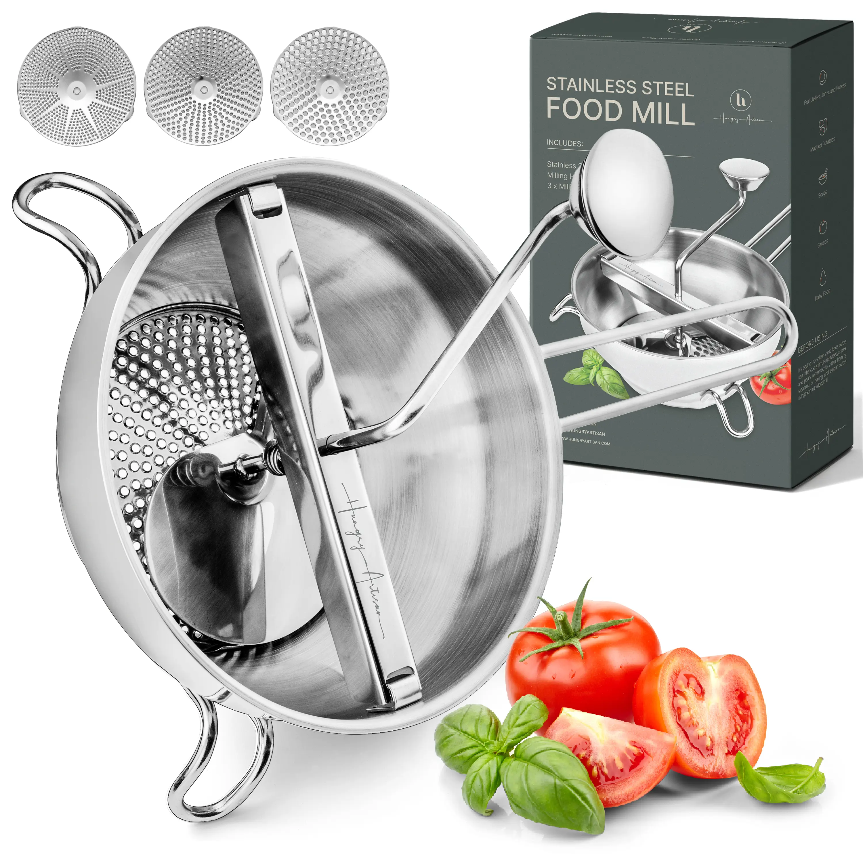 Hungry Artisan Ergonomic Food Mill Stainless Steel With 3 Grinding Discs - Rotary Food Mill for Tomato Sauce, Applesauce, Puree, Mashed Potatoes, Jams, Baby Food