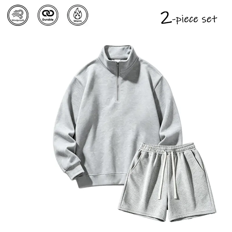 Men’s loose half-zip fleece sweatshirt + drawstring shorts set—a breathable, durable two-piece casual sportswear suitable for street wear, fitness training, and everyday outings.