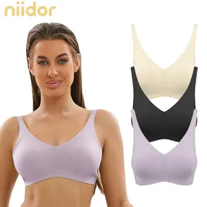 Falorda Seamless Wireless Bra V Neck Invisible Comfort Bra Breathable Wirefree Bralette Thin Soft Everyday Bra for Women
