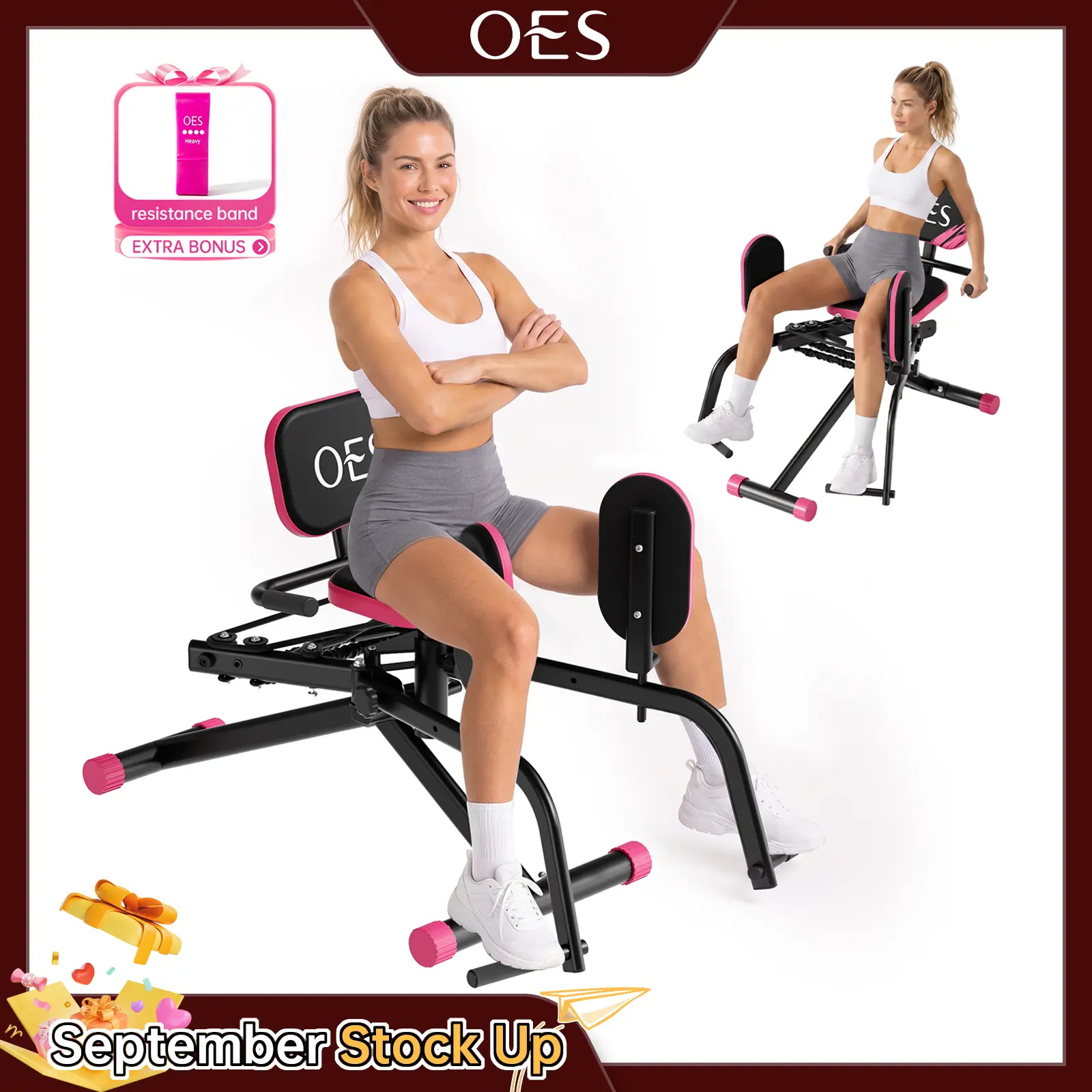 【Free Gift】OES Hip Abductor/Adduction Machine for Home Gym, Glute Machine & Thigh Workout Equipment, Increased Resistance Booty Builder, Compact Leg Exercise Euipment for Women & Men, Paradise pink/Azure blue